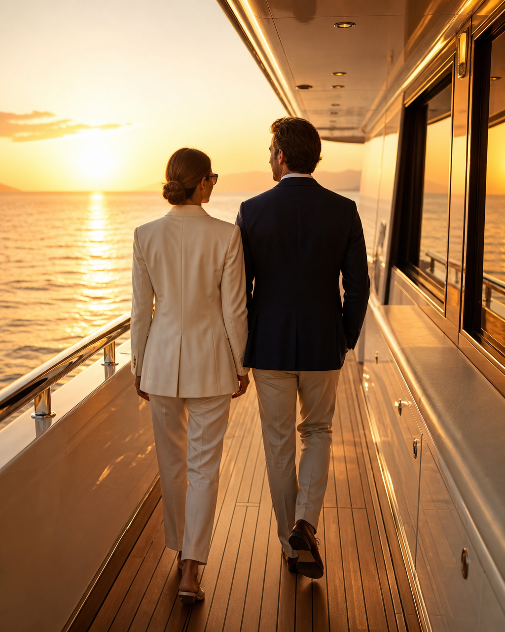 An owner couple on a yacht deck looking out to the coast at sunset